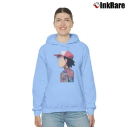 Women’s Ash Ketchum Tattoo Art Pokemon Cozy Hoodie in light blue | Warm, Structured, Stylish