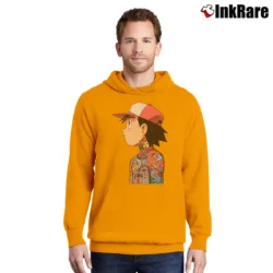 Men’s Ash Ketchum Tattoo Art Pokemon Pullover Hoodie in orange | Cozy, Durable, Modern Fit