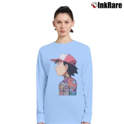Women’s Ash Ketchum Tattoo Art Pokemon Long-Sleeve Top in light blue | Sleek, Versatile, All-Season