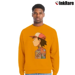 Men’s Ash Ketchum Tattoo Art Pokemon Crewneck Sweatshirt in orange | Cozy Fabric, Clean Style