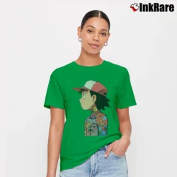 Women’s Ash Ketchum Tattoo Art Pokemon Signature T-Shirt in irish green | Soft, Flattering Fit