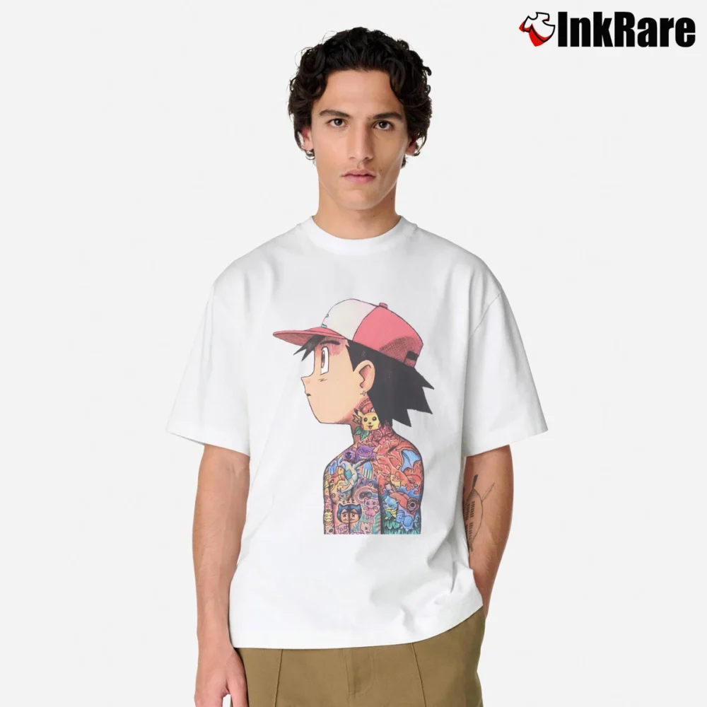 Men’s Ash Ketchum Tattoo Art Pokemon Classic T-Shirt in white | Soft, Breathable Everyday Wear