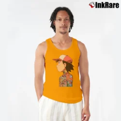 Men’s Ash Ketchum Tattoo Art Pokemon Tank Top in orange | Breathable, Active-Friendly Design