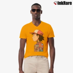 Men’s Ash Ketchum Tattoo Art Pokemon V-Neck Tee in orange | Sharp, Breathable, Everyday Staple
