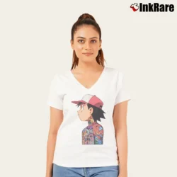 Women’s Ash Ketchum Tattoo Art Pokemon V-Neck Tee in white | Chic Neckline, Soft Texture