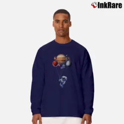 Men’s Astronaut Cat Holding Planet Balloon Long-Sleeve Shirt in navy | Sleek, Lightweight, Year-Round Wear