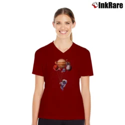 Women’s Astronaut Cat Holding Planet Balloon V-Neck Tee in maroon | Chic Neckline, Soft Texture
