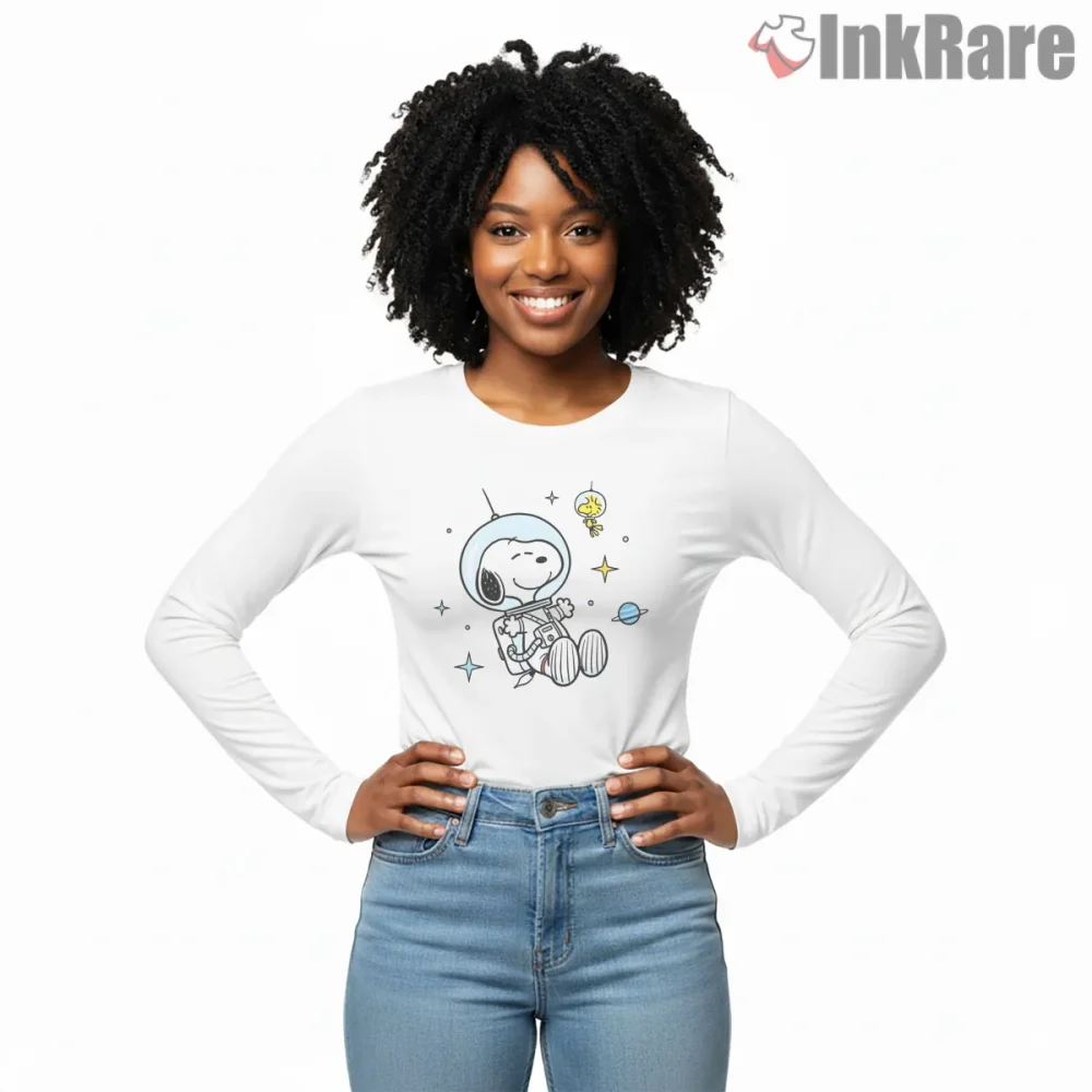 Astronaut Snoopy And Woodstock Floating In Space Shirt on white long sleeve shirt for women graphic tee