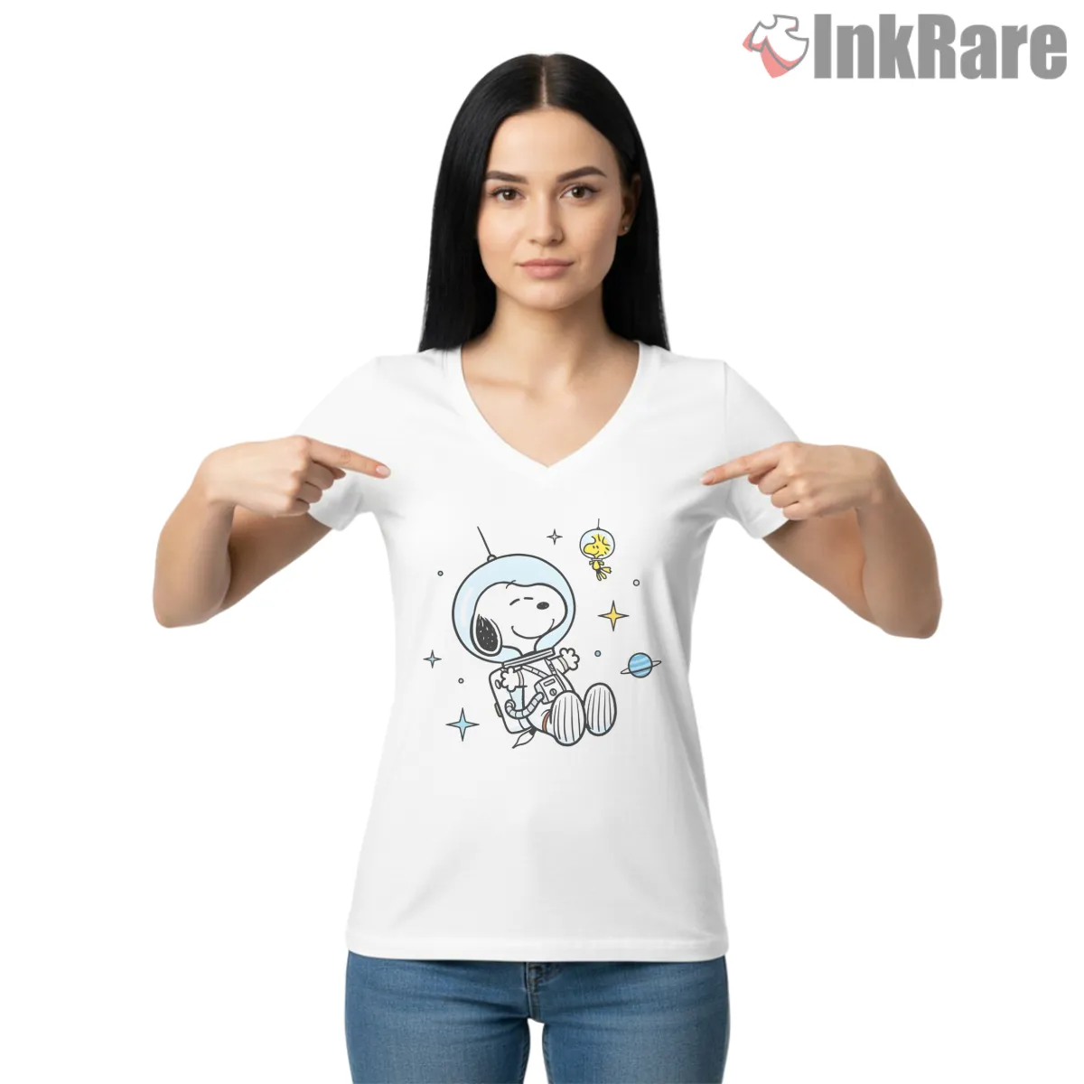 Astronaut Snoopy And Woodstock Floating In Space Shirt on white v-neck shirt for women graphic tee