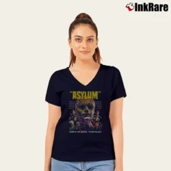 Women’s Asylum 1972 Horror Film V-Neck Tee in navy | Chic Neckline, Soft Texture