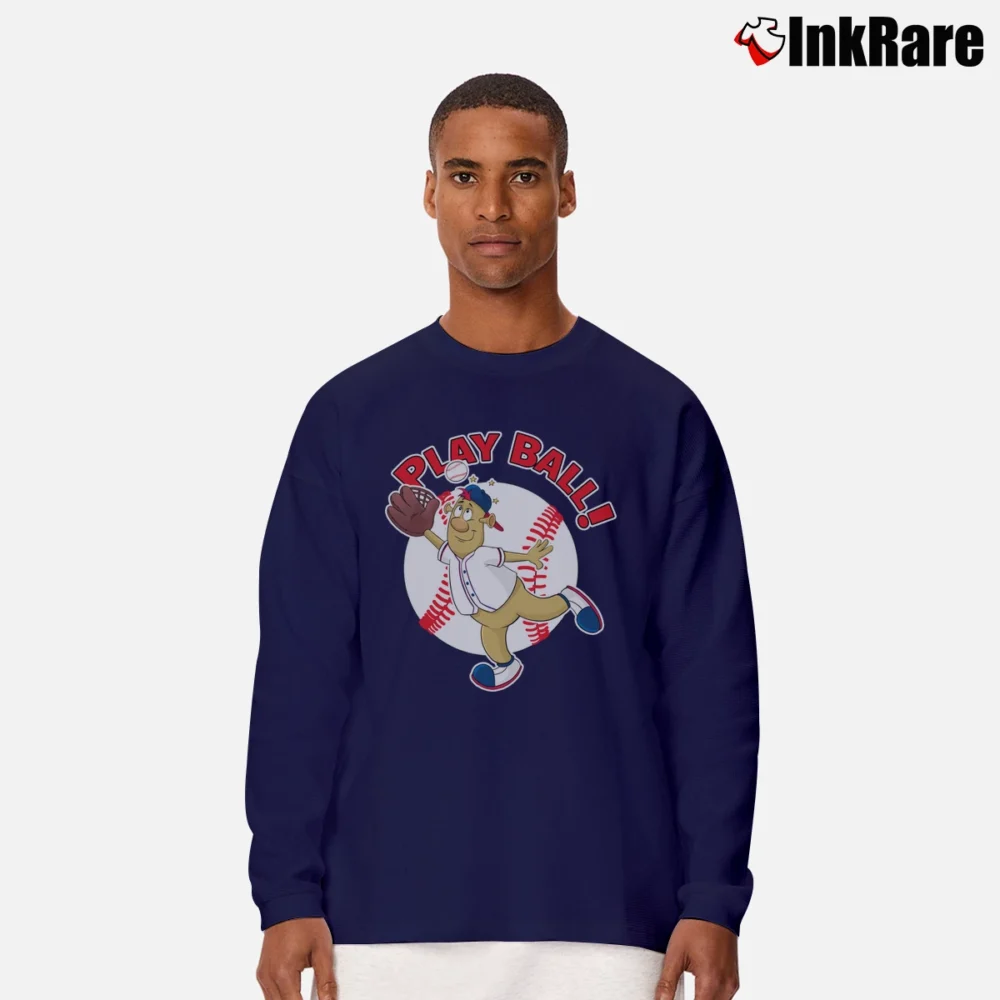 Men’s Atlanta Braves Blooper Mascot Play Ball Long-Sleeve Shirt in navy | Sleek, Lightweight, Year-Round Wear
