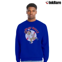 Men’s Atlanta Braves Blooper Mascot Play Ball Crewneck Sweatshirt in royal blue | Cozy Fabric, Clean Style