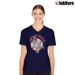 Women’s Atlanta Braves Blooper Mascot Play Ball V-Neck Tee in navy | Chic Neckline, Soft Texture