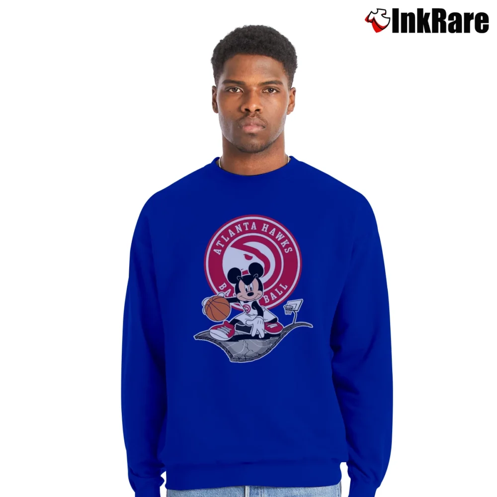 Men’s Atlanta Hawks Basketball Player Mickey Mouse Crewneck Sweatshirt in royal blue | Cozy Fabric, Clean Style