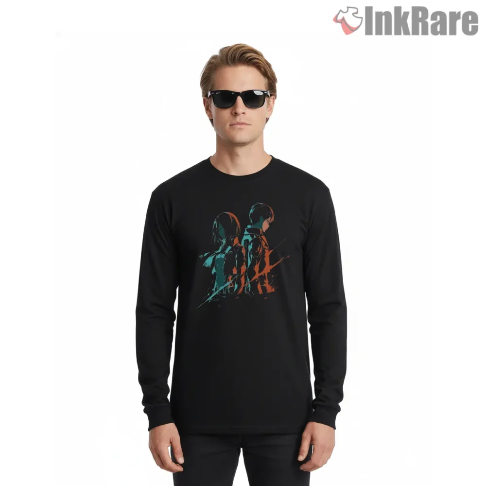 Attack On Titan Pop Art Duo Silhouette Shirt on black long sleeve shirt for men graphic tee
