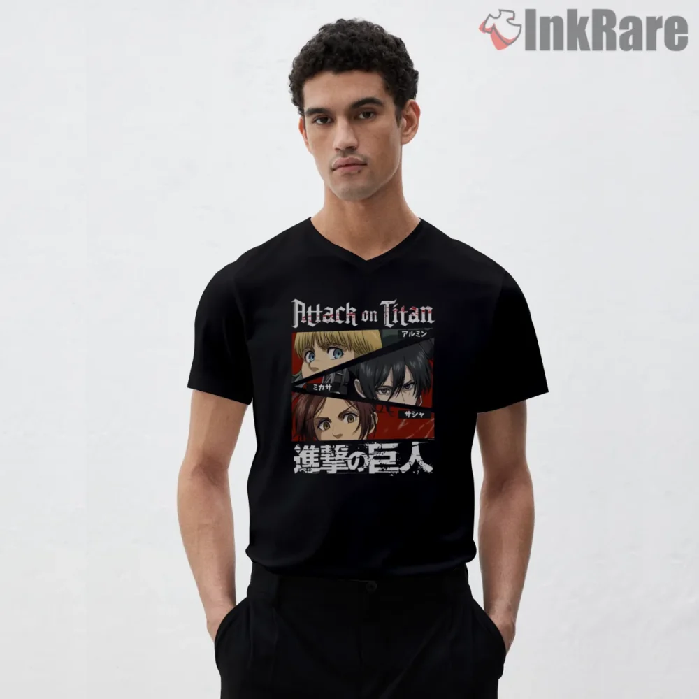Attack On Titan Season Four Eyes Trio Shirt on black v-neck shirt for men graphic tee