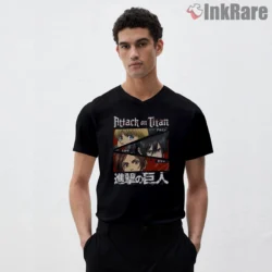 Attack On Titan Season Four Eyes Trio Shirt on black v-neck shirt for men graphic tee