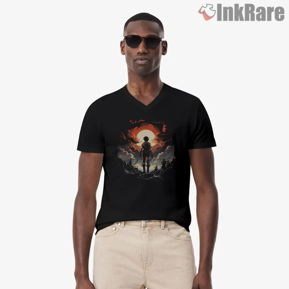 Attack On Titan Storm Silhouette Logo Shirt on black v-neck shirt for men graphic tee