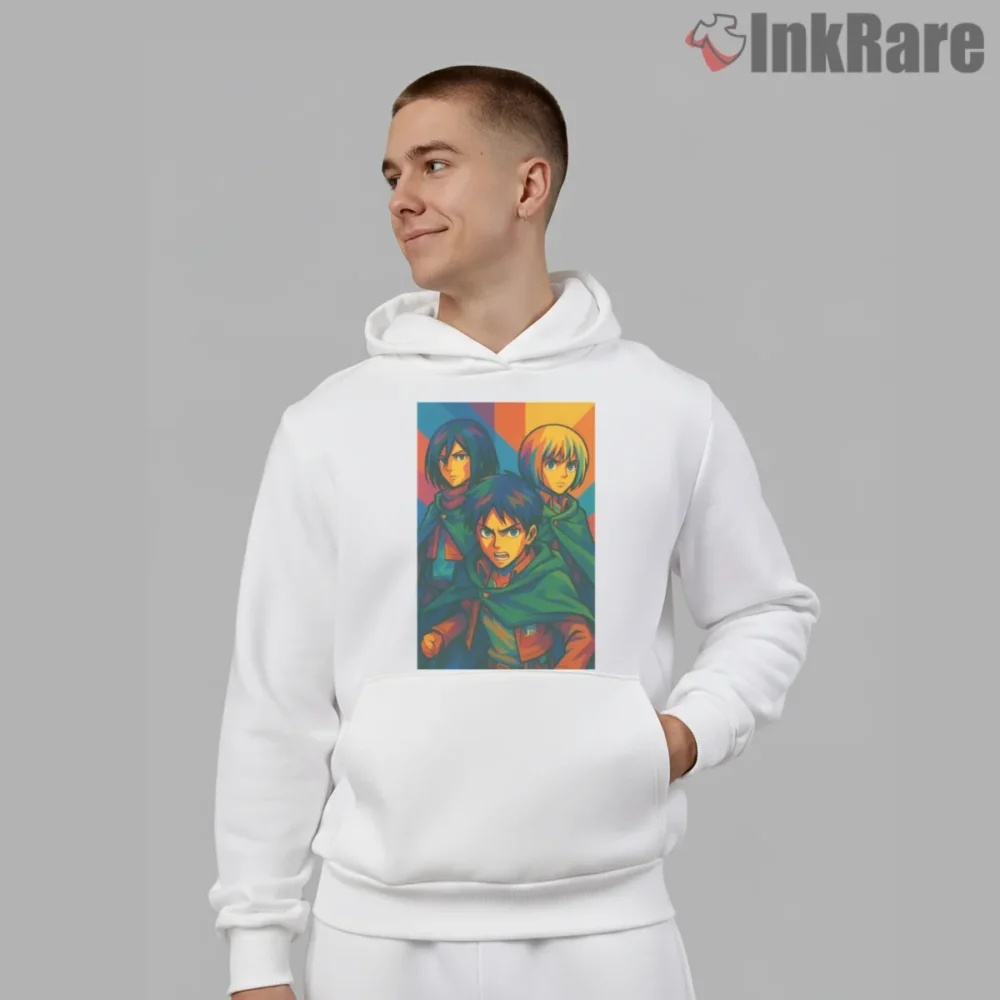 Attack On Titan Trio Bold Anime Poster Shirt on white hoodie for men graphic tee
