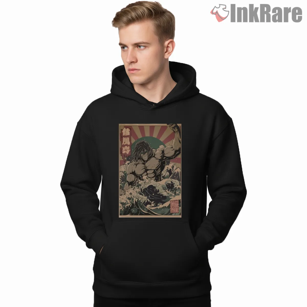 Attack Titan Great Wave Vintage Poster Shirt on black hoodie for men graphic tee