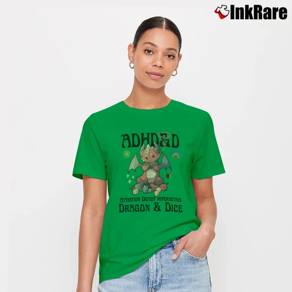 Women’s Attention Deficit Hyperactive Dragon Dice Funny Rpg Signature T-Shirt in irish green | Soft, Flattering Fit