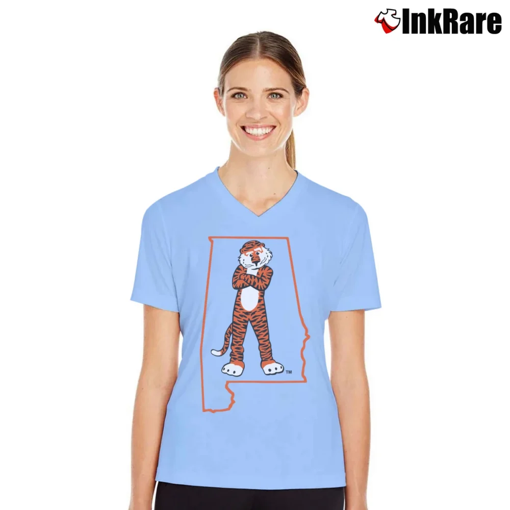 Women’s Aubie Auburn Tigers State Outline Graphic V-Neck Tee in light blue | Chic Neckline, Soft Texture