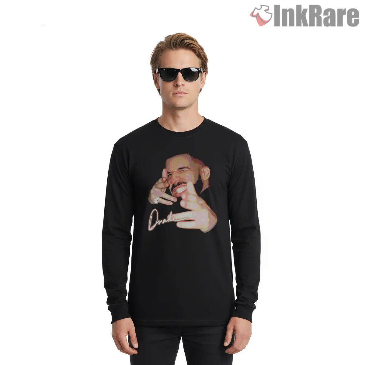 Aubrey Drake Graham Laughing Signature Shirt on black long sleeve shirt for men graphic tee