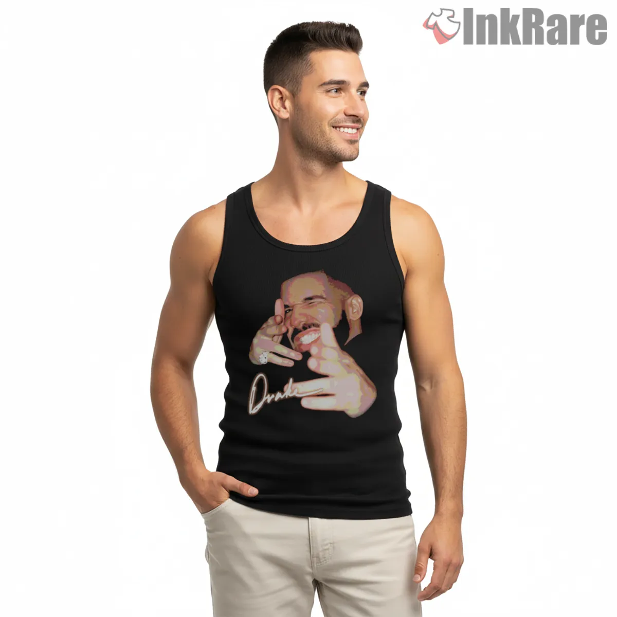 Aubrey Drake Graham Laughing Signature Tank Top Black Aubrey Drake Graham Laughing Signature Shirt on black tank top for men graphic tee