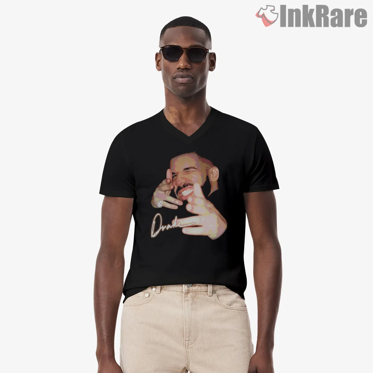 Aubrey Drake Graham Laughing Signature V Neck Black Aubrey Drake Graham Laughing Signature Shirt on black v-neck shirt for men graphic tee