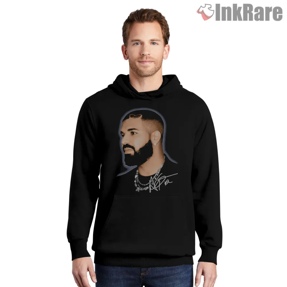 Aubrey Drake Side Portrait Signature Shirt on black hoodie for men graphic tee