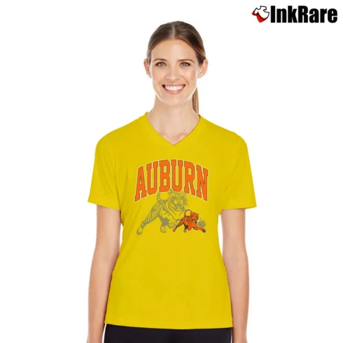 Auburn Tigers Football Women’s V-Neck Tee in yellow – Flattering Fit Women’s Auburn Tigers Football V-Neck Tee in yellow | Chic Neckline, Soft Texture