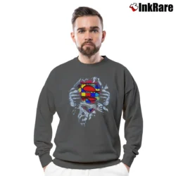 Men’s Autism Superman Symbol Puzzle Piece Funny Gift Crewneck Sweatshirt in charcoal | Cozy Fabric, Clean Style