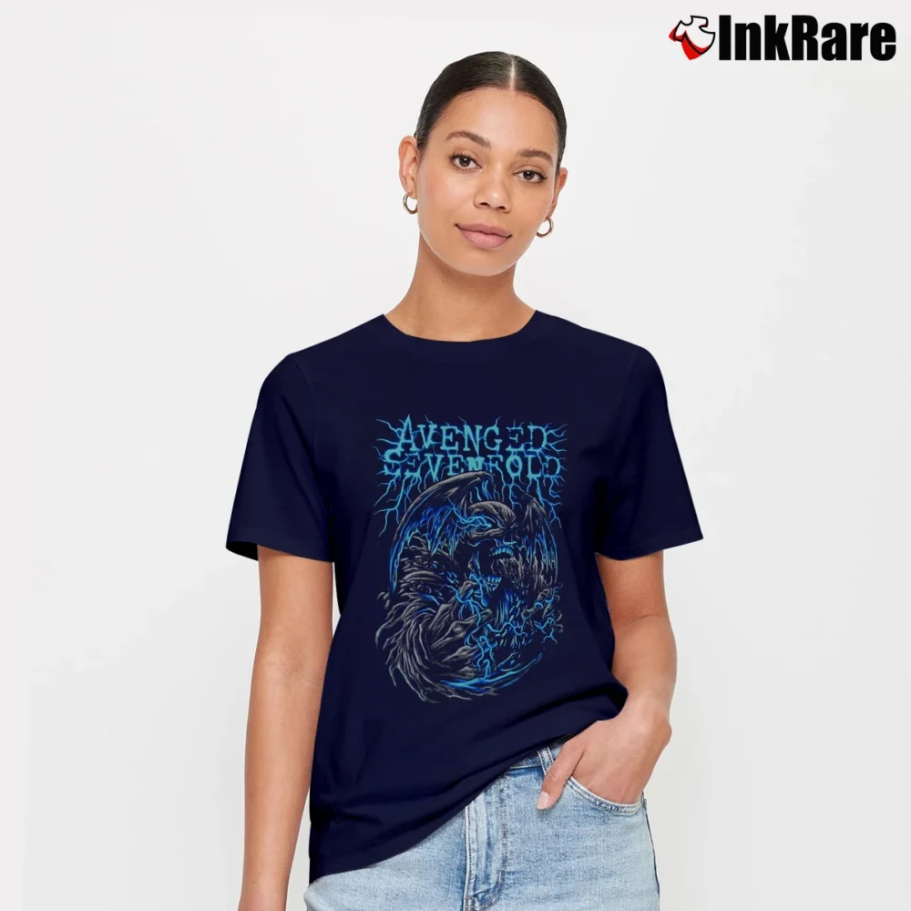 Women’s Avenged Sevenfold Blue Electricity Signature T-Shirt in navy | Soft, Flattering Fit