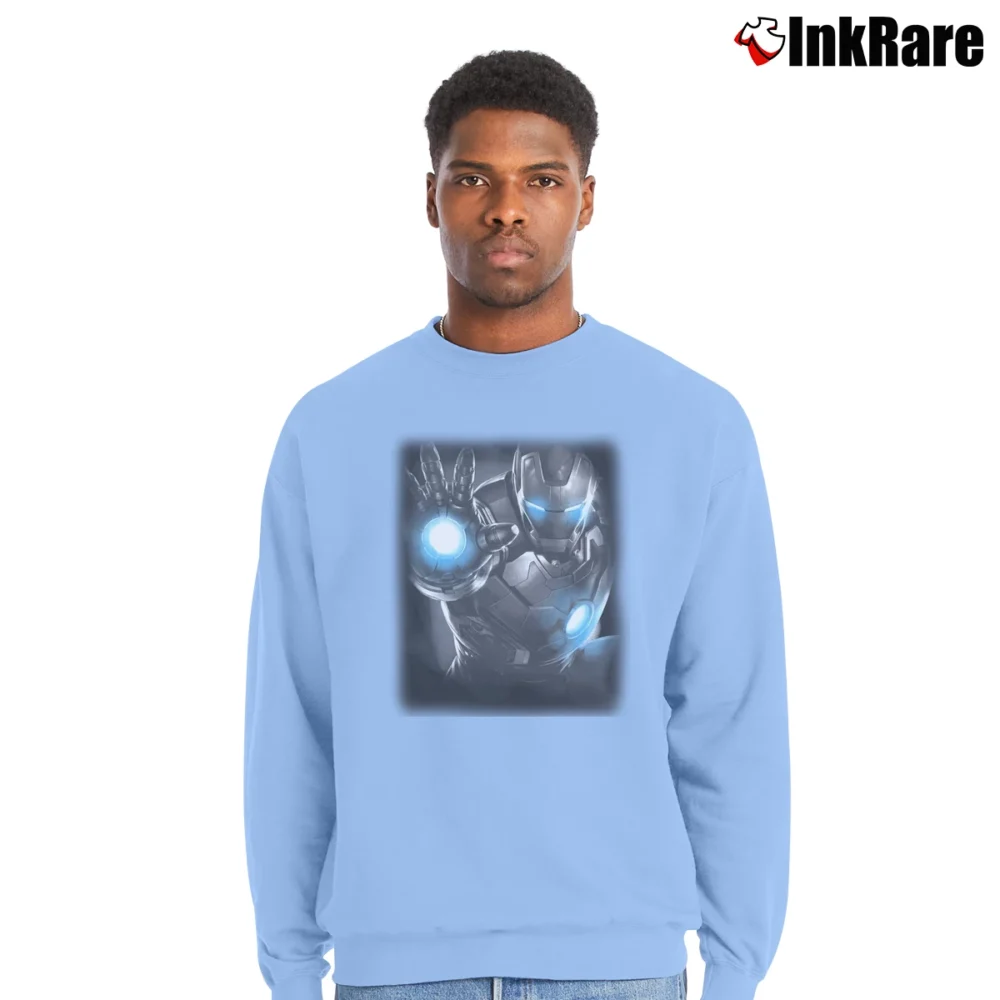 Men’s Avengers Age Of Ultron Iron Darkness Marvel Crewneck Sweatshirt in light blue | Cozy Fabric, Clean Style