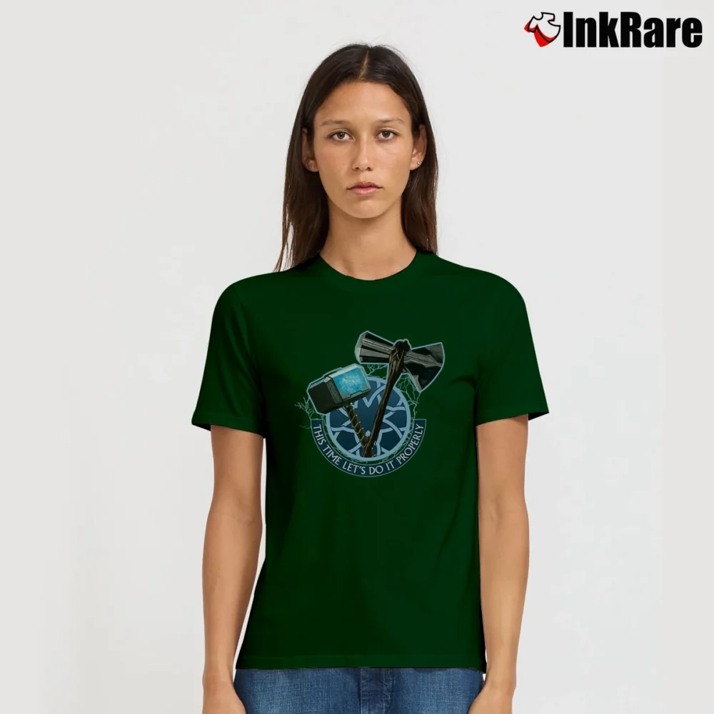 Women’s Avengers Endgame Mjolnir Stormbreaker Marvel Signature T-Shirt in forest green | Soft, Flattering Fit