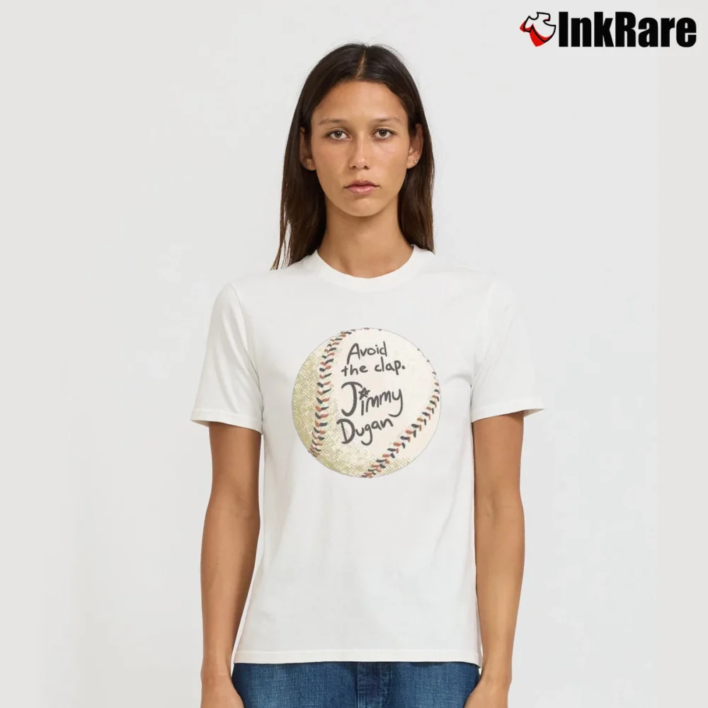 Women’s Avoid The Clap Jimmy Dugan Baseball Autograph Signature T-Shirt in white | Soft, Flattering Fit