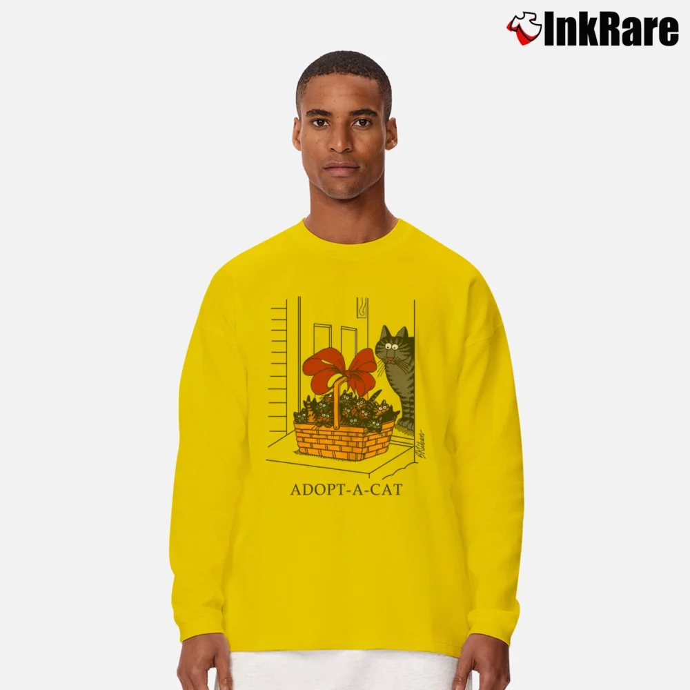 Men’s B Kliban Adopt A Cat Funny Animation Long-Sleeve Shirt in yellow | Sleek, Lightweight, Year-Round Wear