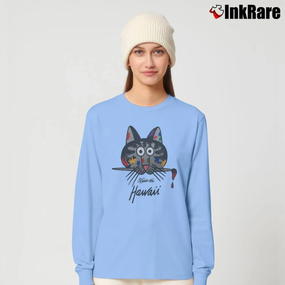 Women’s B Kliban Cat Painting Crazy Hawaii Graphic Long-Sleeve Top in light blue | Sleek, Versatile, All-Season