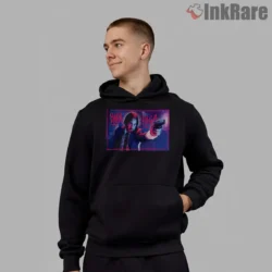 Baba Yaga Neon Corridor Showdown Shirt on black hoodie for men graphic tee