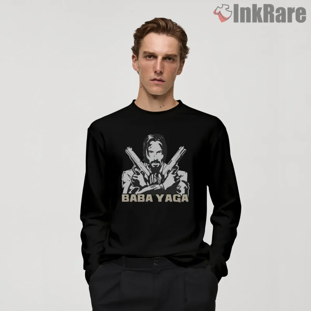 Baba Yaga Twin Pistols Monochrome Shirt on black long sleeve shirt for men graphic tee