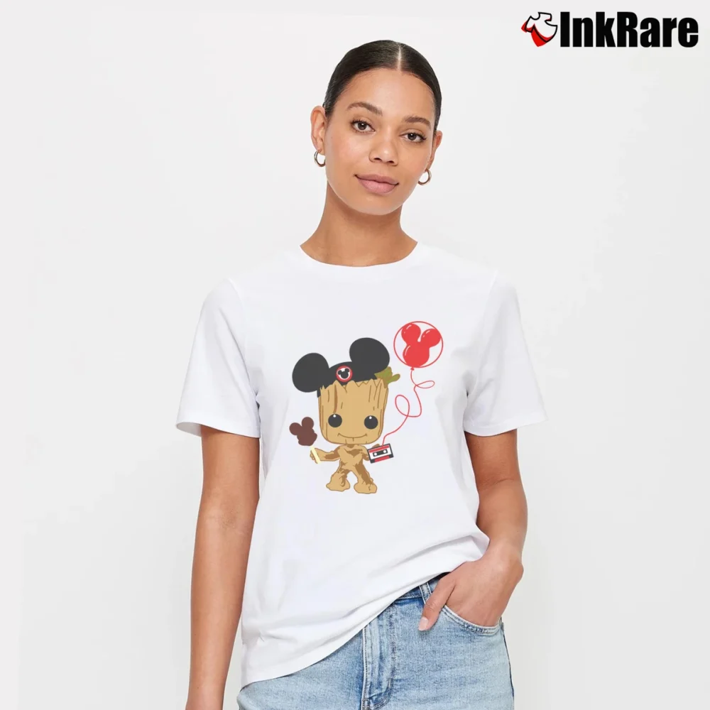 Women’s Baby Groot Mickey Mouse Guardians Of The Galaxy Signature T-Shirt in white | Soft, Flattering Fit