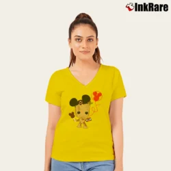 Women’s Baby Groot Mickey Mouse Guardians Of The Galaxy V-Neck Tee in yellow | Chic Neckline, Soft Texture