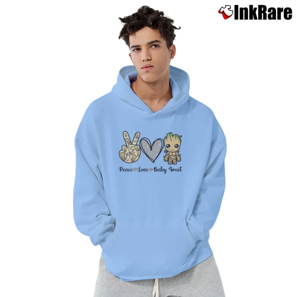 Men’s Baby Groot Peace Love Guardians Of The Galaxy Marvel Pullover Hoodie in light blue | Cozy, Durable, Modern Fit