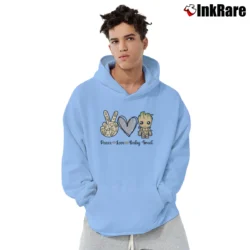 Men’s Baby Groot Peace Love Guardians Of The Galaxy Marvel Pullover Hoodie in light blue | Cozy, Durable, Modern Fit