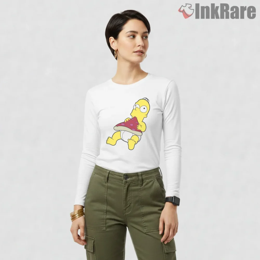 Baby Homer Pizza Bite Cute Cartoon Humor Shirt on white long sleeve shirt for women graphic tee