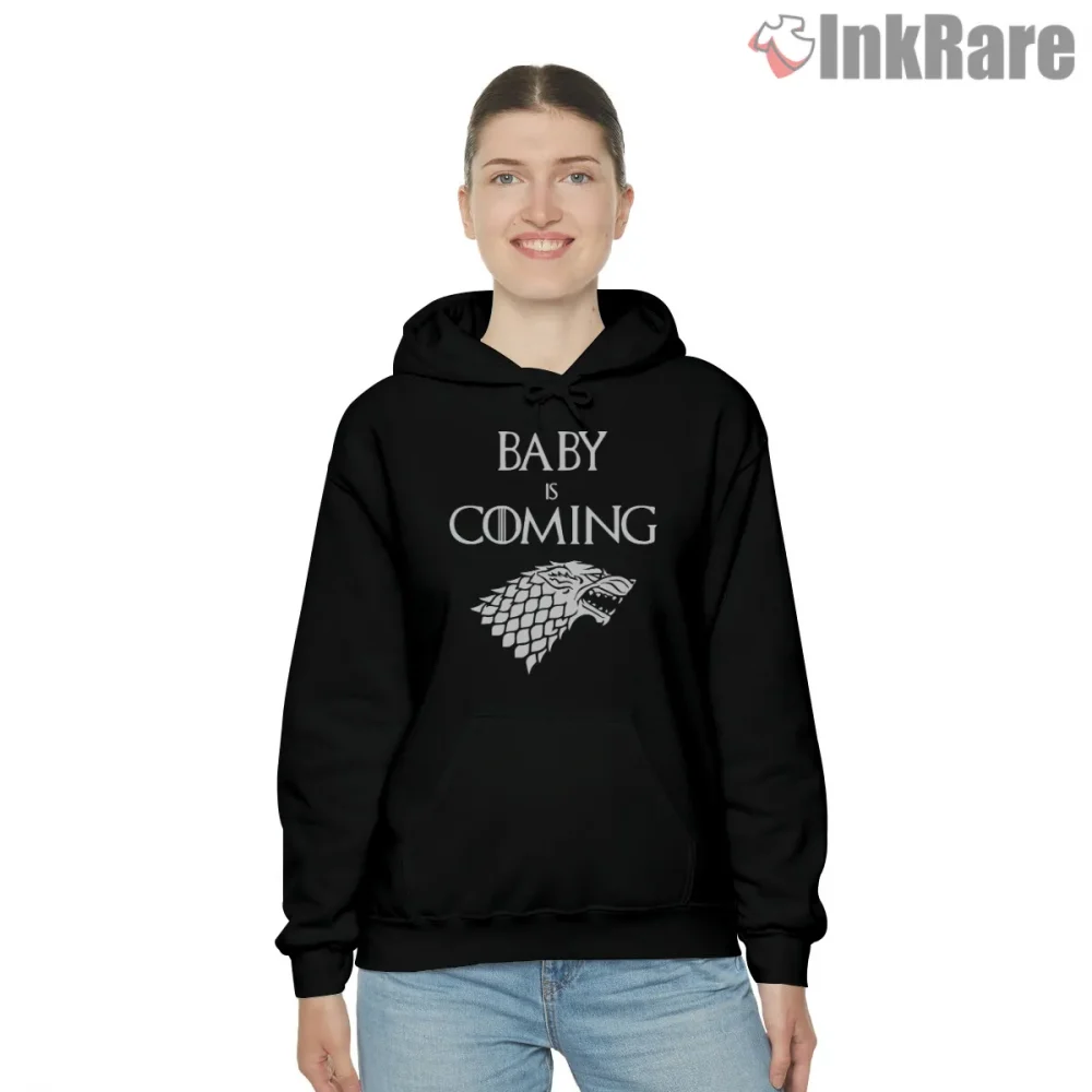 Baby Is Coming Stark Parody Family Announcement Shirt on black hoodie for women graphic tee