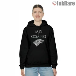 Baby Is Coming Stark Parody Family Announcement Shirt on black hoodie for women graphic tee