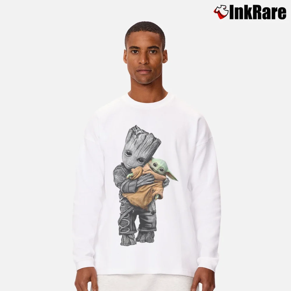 Men’s Baby Yoda And Groot Mashup Star Wars Disney Long-Sleeve Shirt in white | Sleek, Lightweight, Year-Round Wear