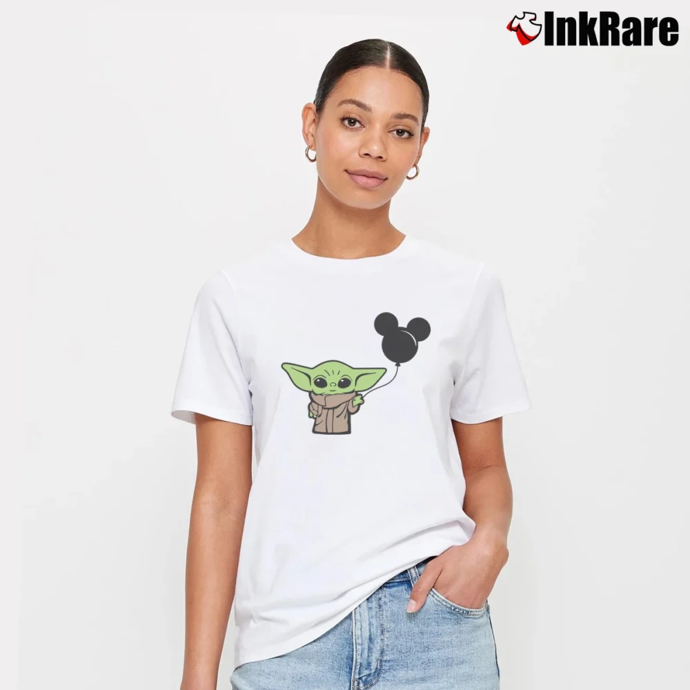 Women’s Baby Yoda And Mickey Mouse Balloon Signature T-Shirt in white | Soft, Flattering Fit