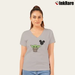 Women’s Baby Yoda And Mickey Mouse Balloon V-Neck Tee in sport grey | Chic Neckline, Soft Texture